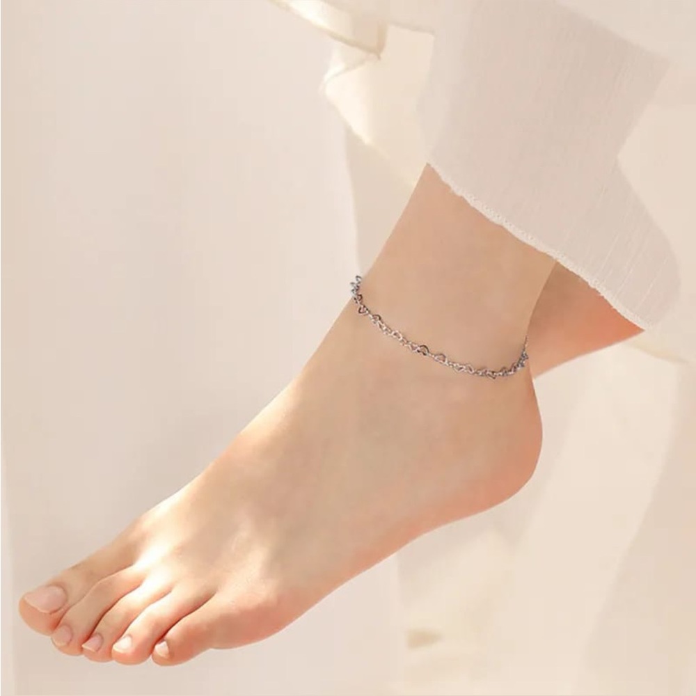 925 Sterling Silver Hollow Out Love Heart Link Chain Anklet